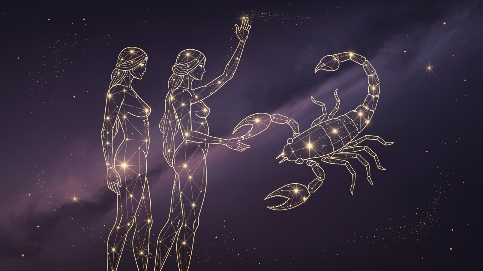 Gémeaux et Scorpion — illustration du duo : constellation dorée des deux signes sur ciel violet