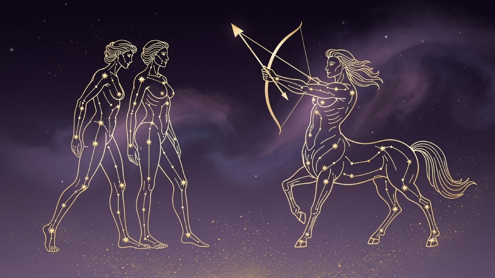 Gemini and Sagittarius — golden constellations of both signs over a violet sky