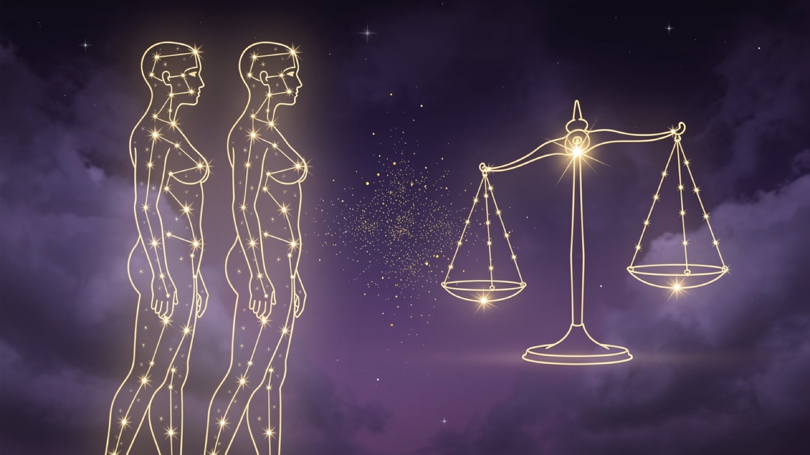 Gémeaux et Balance — illustration du duo : constellation dorée des deux signes sur ciel violet