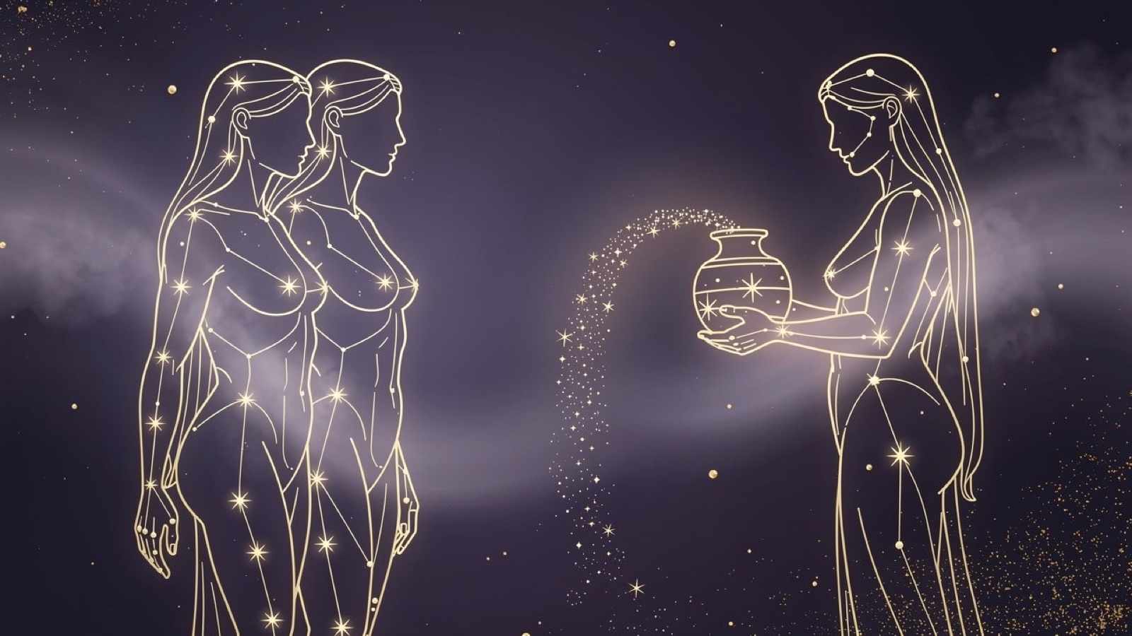 Gémeaux et Verseau — illustration du duo : constellation dorée des deux signes sur ciel violet