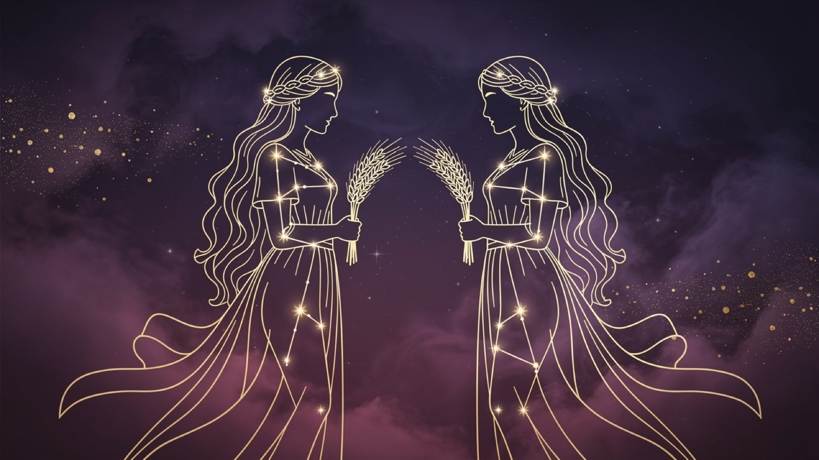 Vierge et Vierge — illustration du duo : constellation dorée des deux signes sur ciel violet