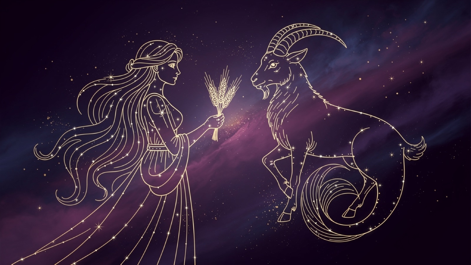 Vierge et Capricorne — illustration du duo : constellation dorée des deux signes sur ciel violet