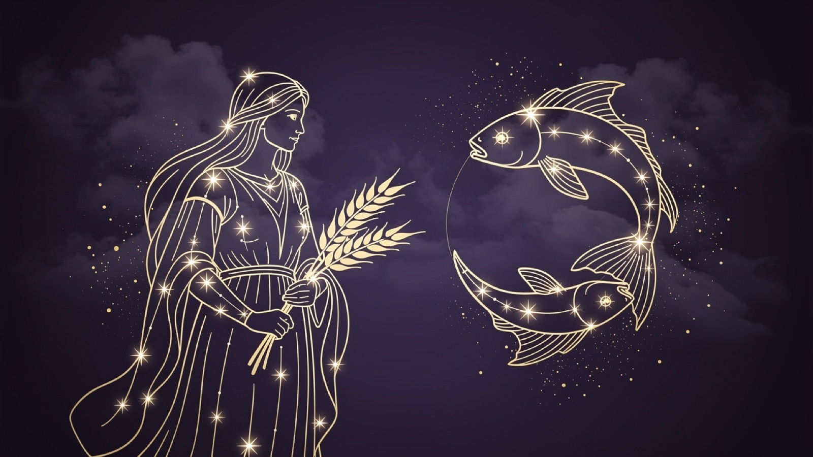 Virgo and Pisces — golden constellations of both signs over a violet sky