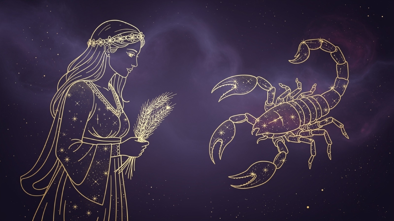 Vierge et Scorpion — illustration du duo : constellation dorée des deux signes sur ciel violet
