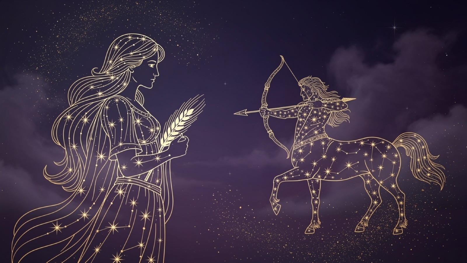 Vierge et Sagittaire — illustration du duo : constellation dorée des deux signes sur ciel violet