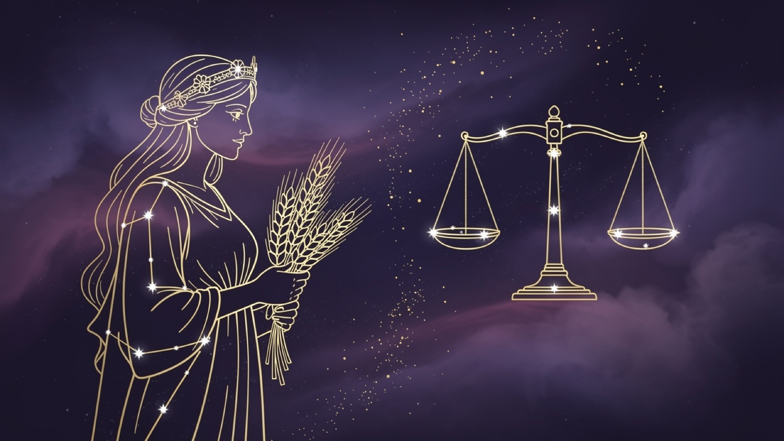 Vierge et Balance — illustration du duo : constellation dorée des deux signes sur ciel violet