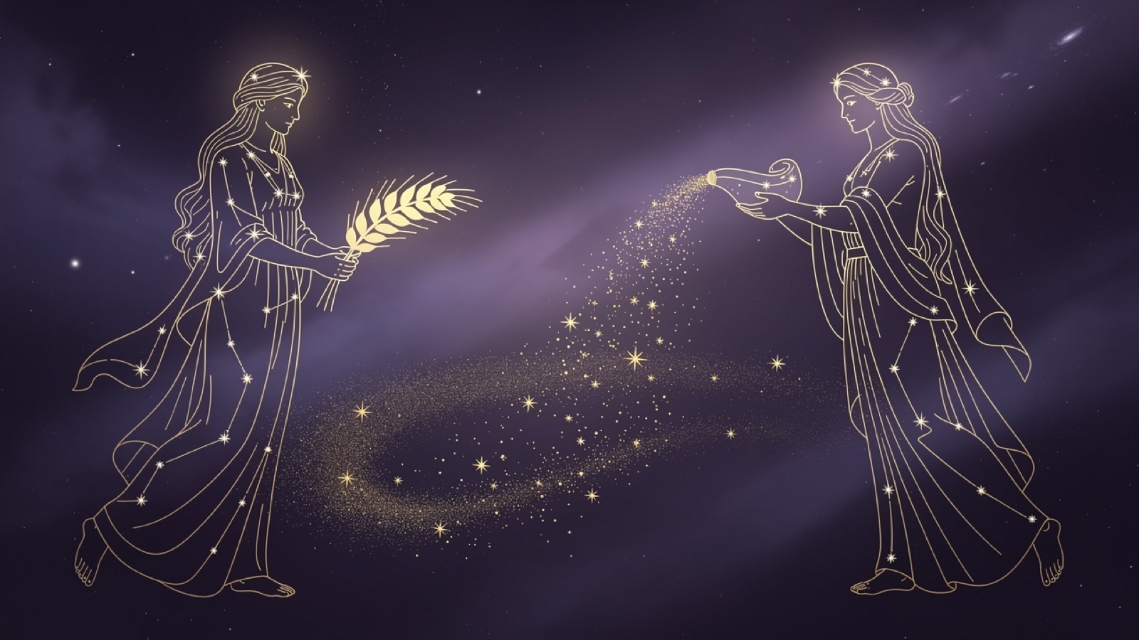 Vierge et Verseau — illustration du duo : constellation dorée des deux signes sur ciel violet