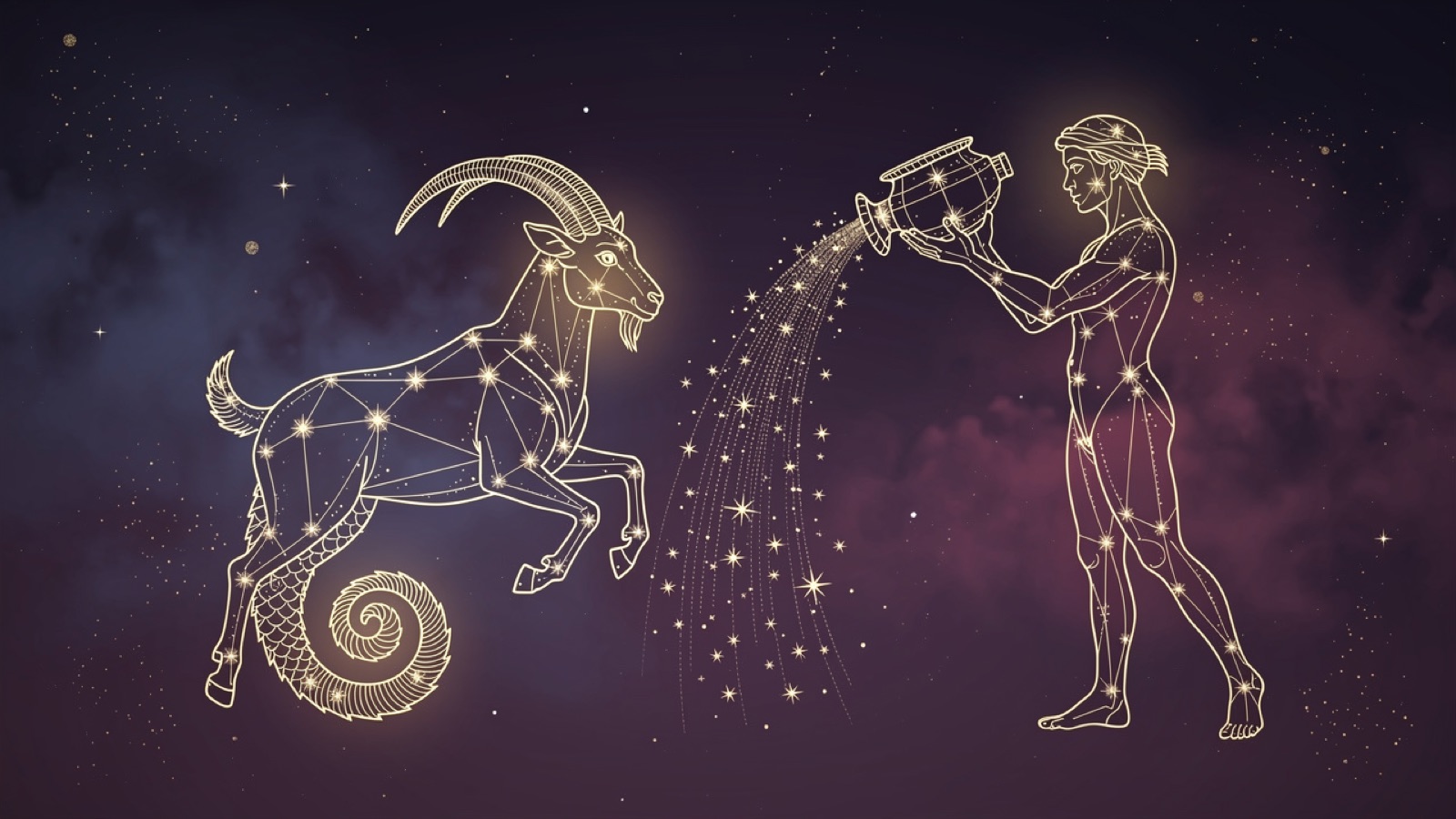 Capricorne et Verseau — illustration du duo : constellation dorée des deux signes sur ciel violet