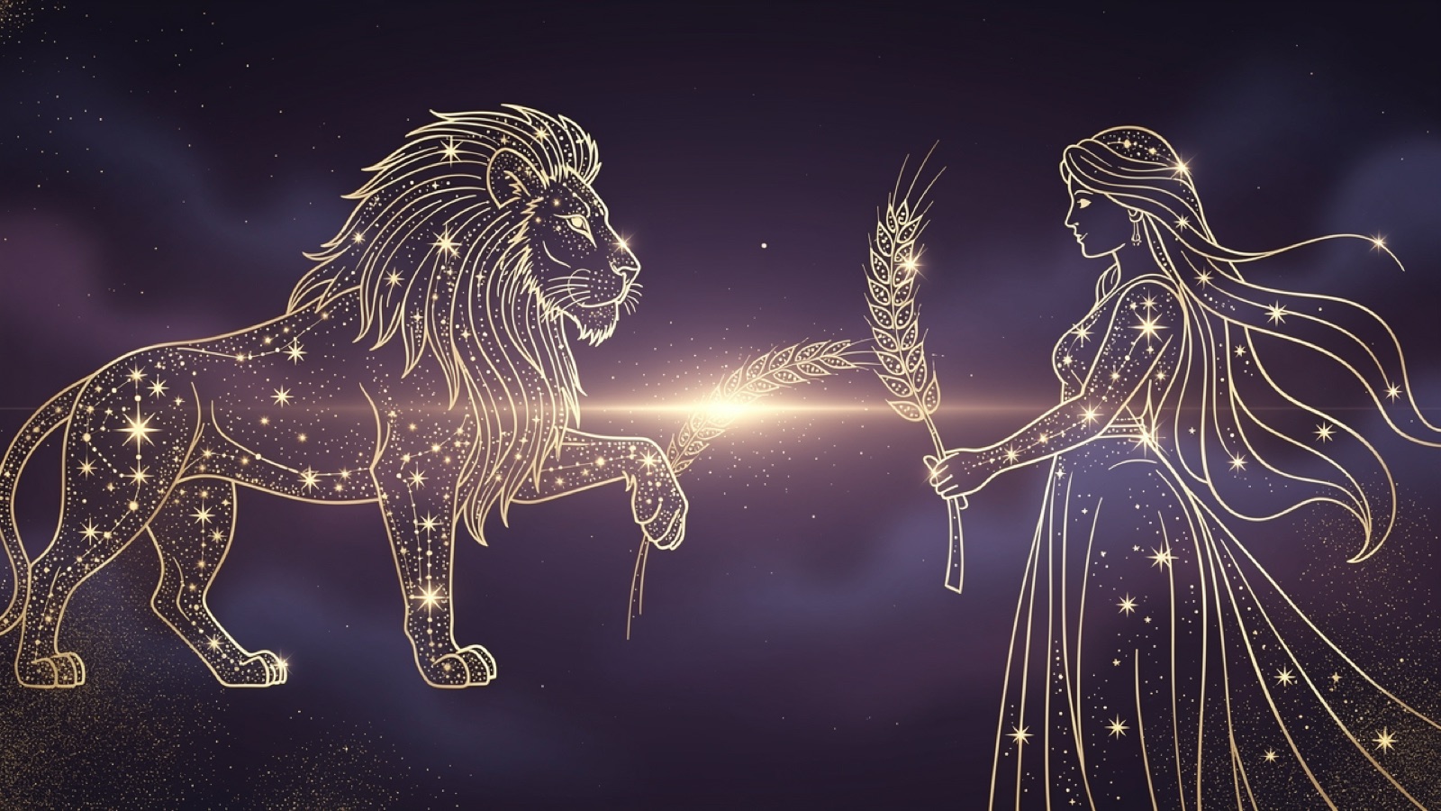 Lion et Vierge — illustration du duo : constellation dorée des deux signes sur ciel violet