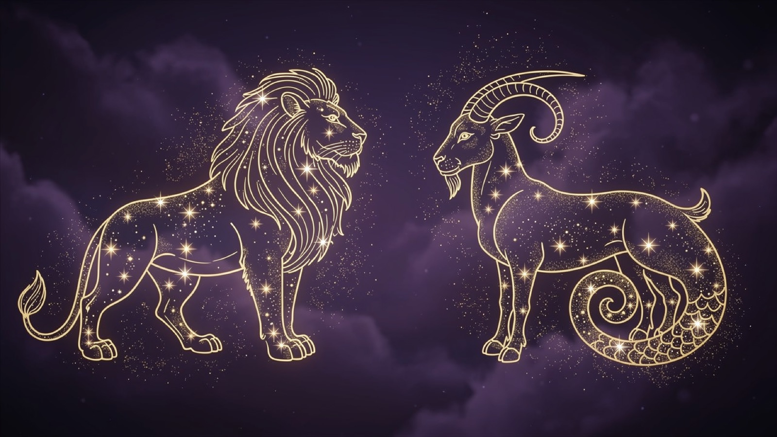 Lion et Capricorne — illustration du duo : constellation dorée des deux signes sur ciel violet