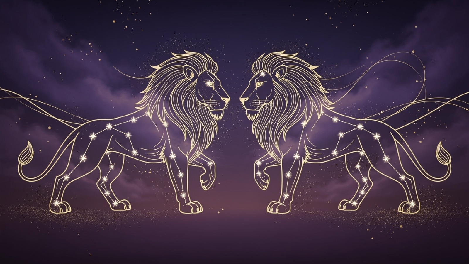 Lion et Lion — illustration du duo : constellation dorée des deux signes sur ciel violet