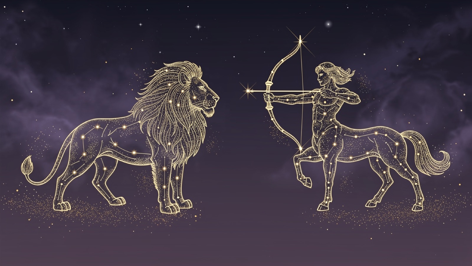 Lion et Sagittaire — illustration du duo : constellation dorée des deux signes sur ciel violet