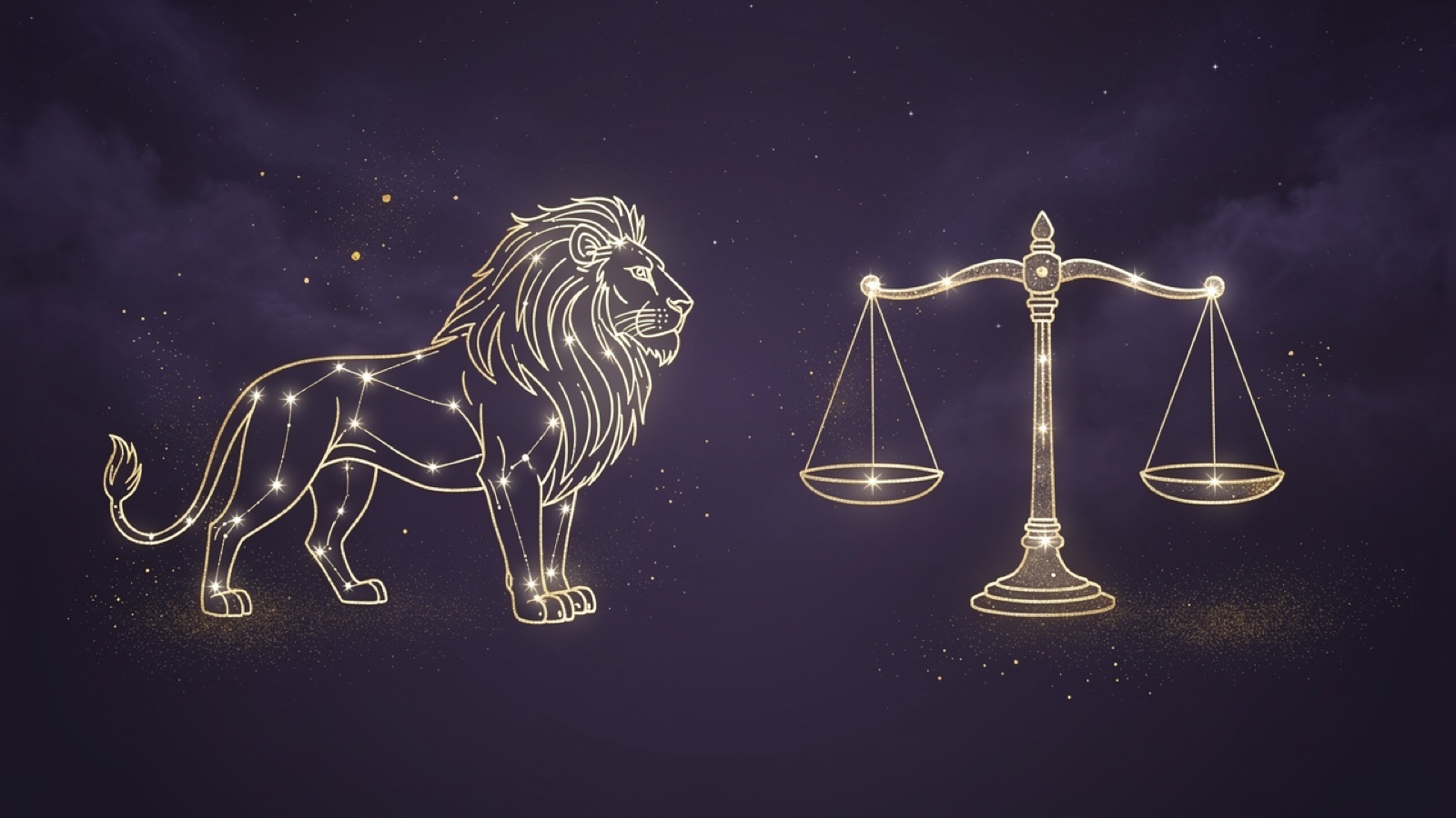 Lion et Balance — illustration du duo : constellation dorée des deux signes sur ciel violet