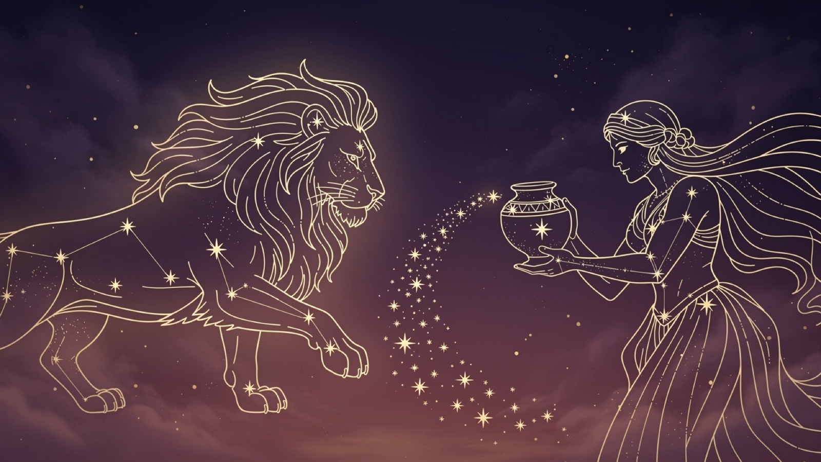 Lion et Verseau — illustration du duo : constellation dorée des deux signes sur ciel violet