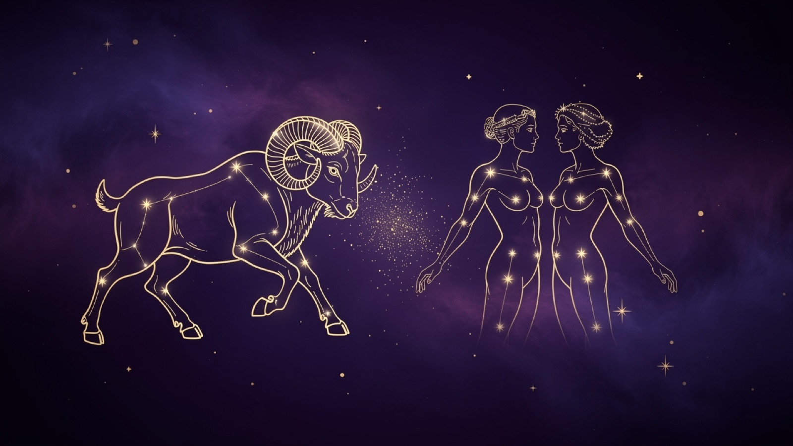 Bélier et Gémeaux — illustration du duo : constellation dorée des deux signes sur ciel violet