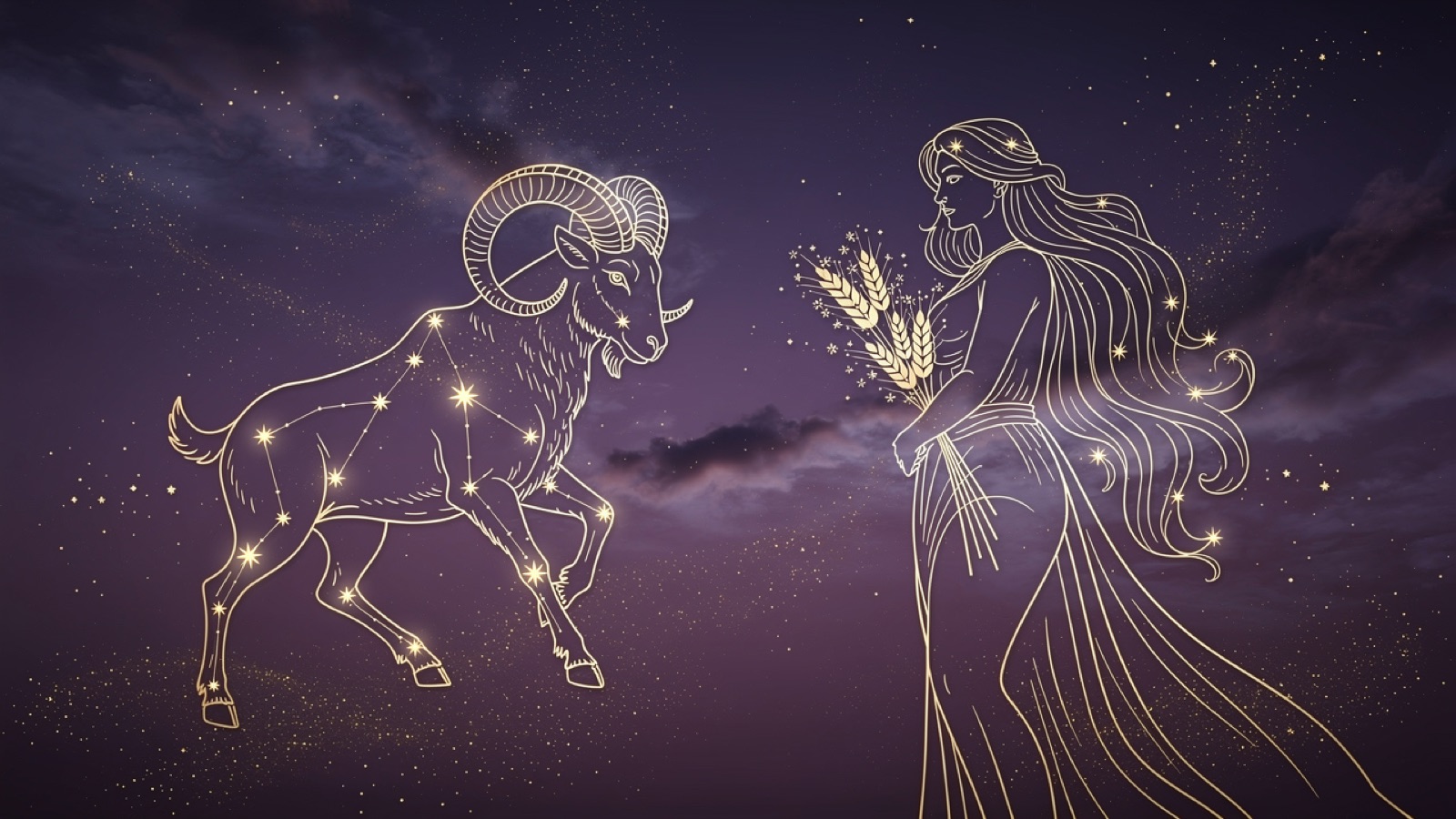 Bélier et Vierge — illustration du duo : constellation dorée des deux signes sur ciel violet