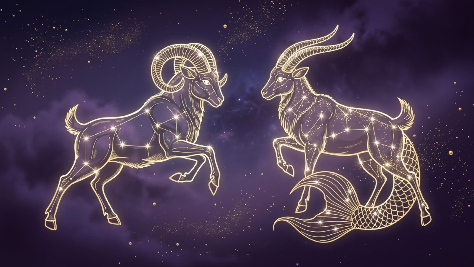Bélier et Capricorne — illustration du duo : constellation dorée des deux signes sur ciel violet