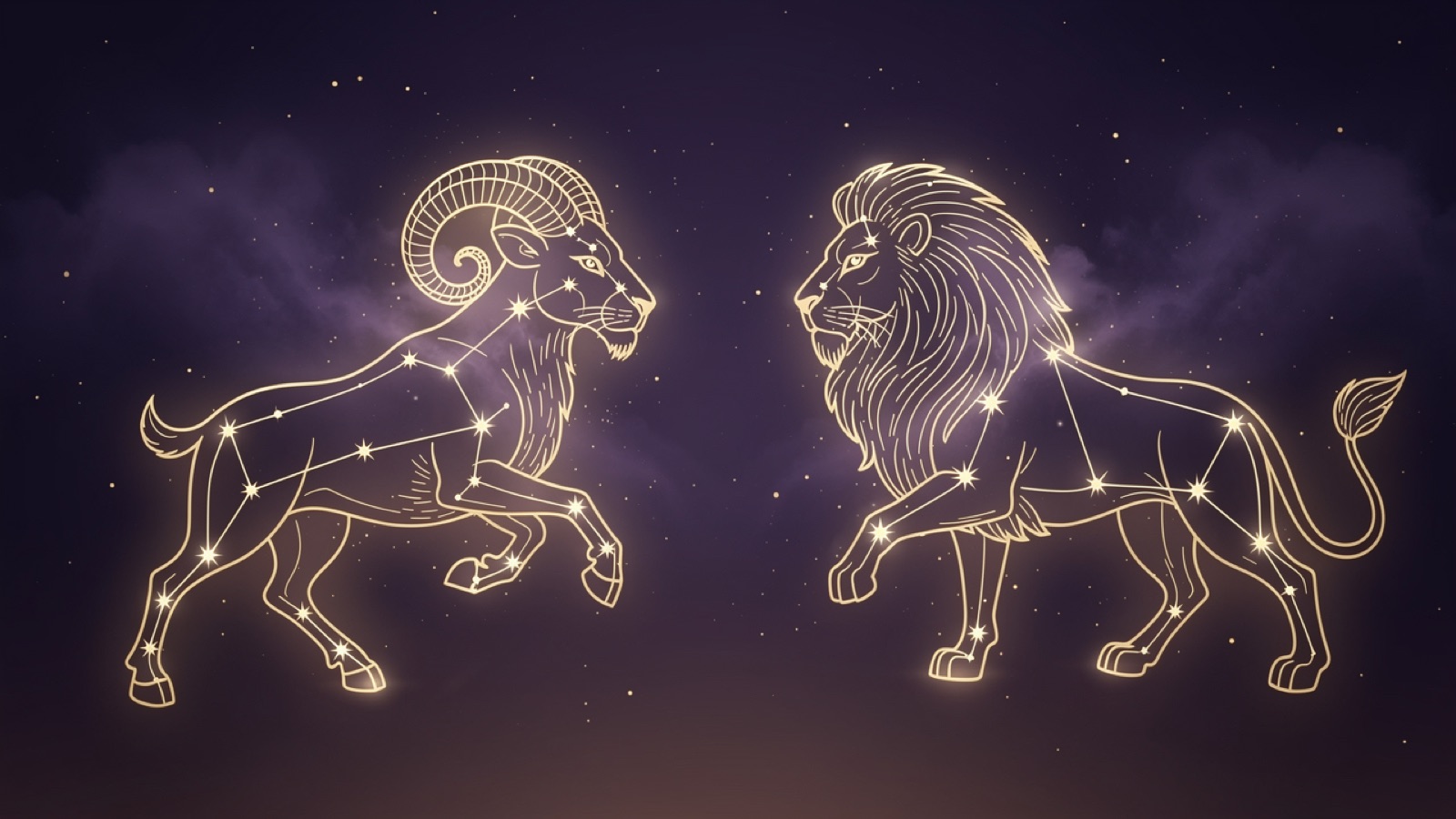 Bélier et Lion — illustration du duo : constellation dorée des deux signes sur ciel violet