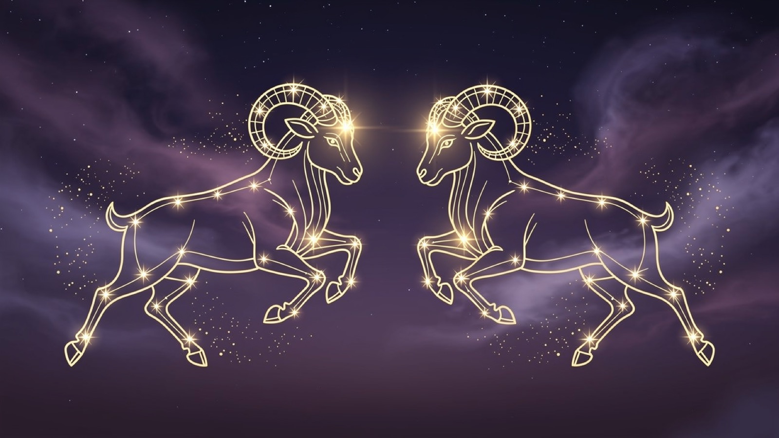 Bélier et Bélier — illustration du duo : constellation dorée des deux signes sur ciel violet