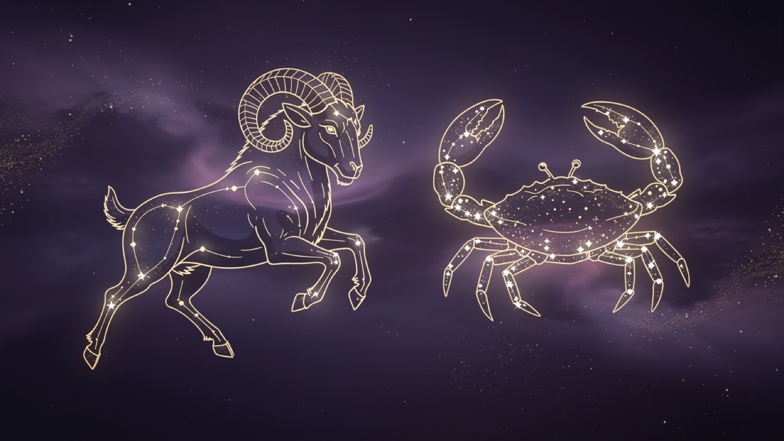 Bélier et Cancer — illustration du duo : constellation dorée des deux signes sur ciel violet