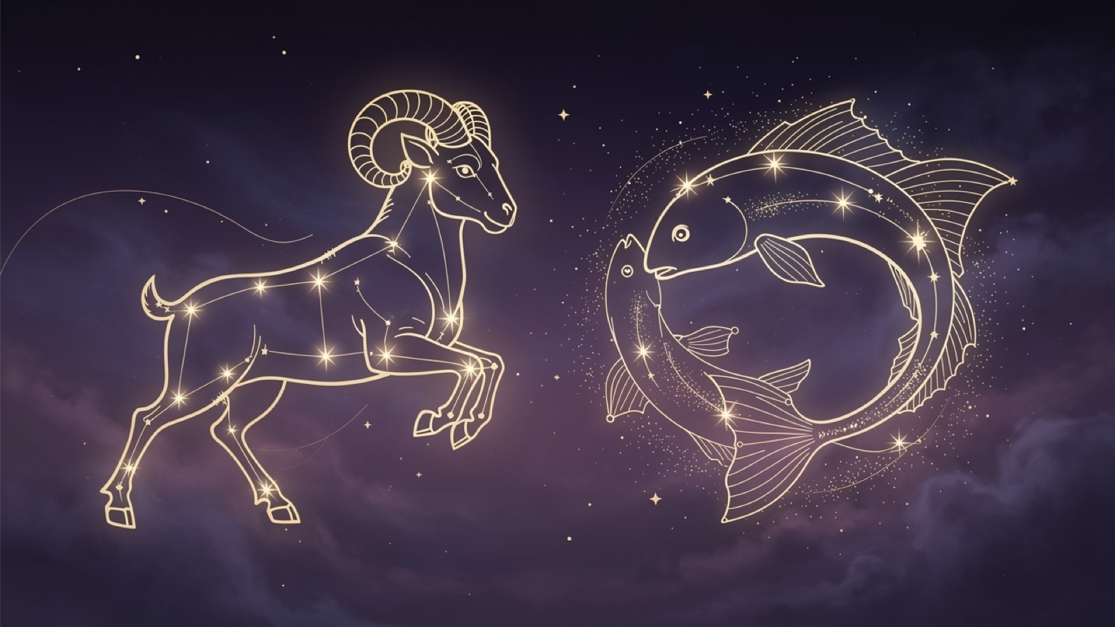 Bélier et Poissons — illustration du duo : constellation dorée des deux signes sur ciel violet