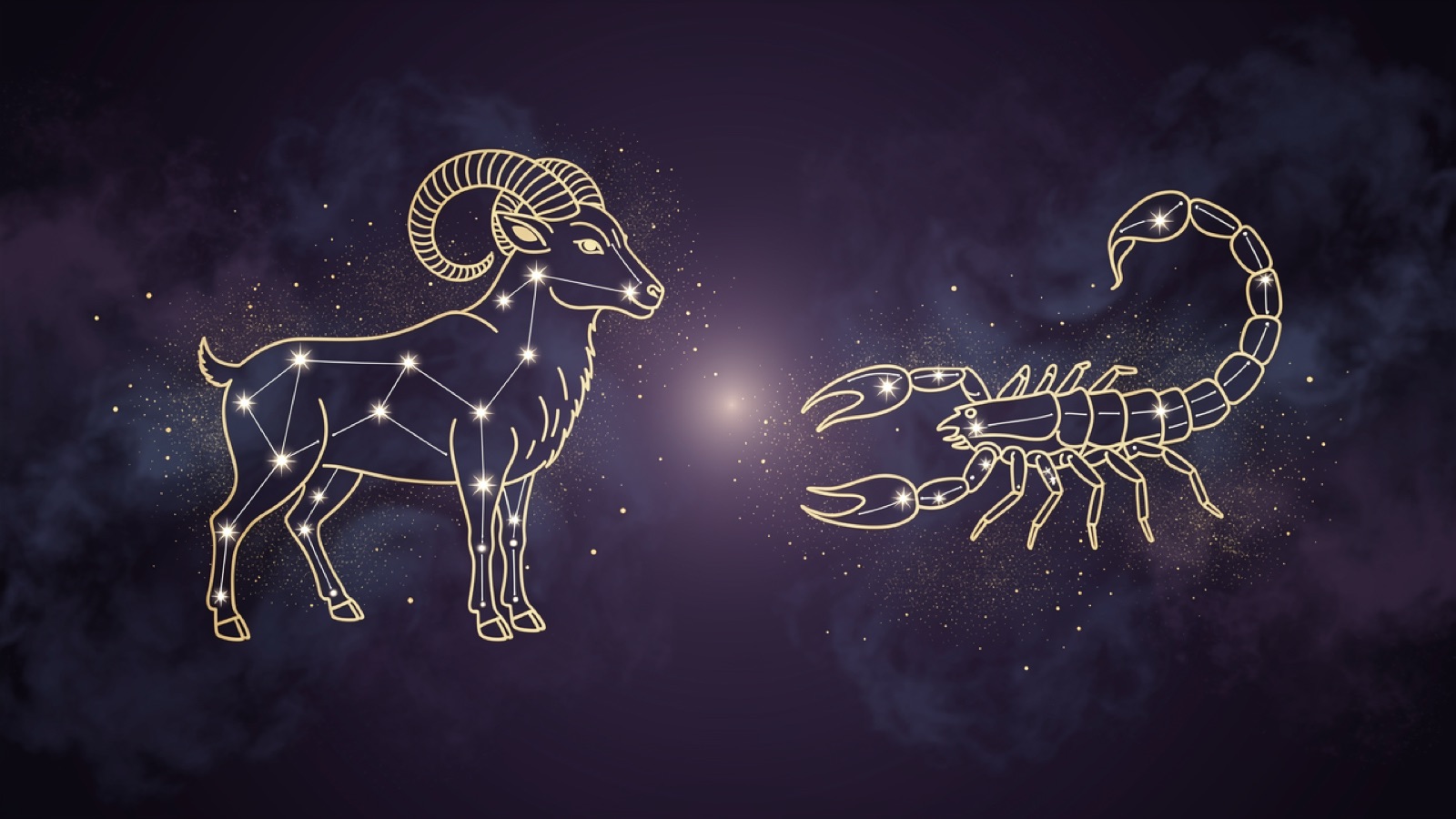 Bélier et Scorpion — illustration du duo : constellation dorée des deux signes sur ciel violet