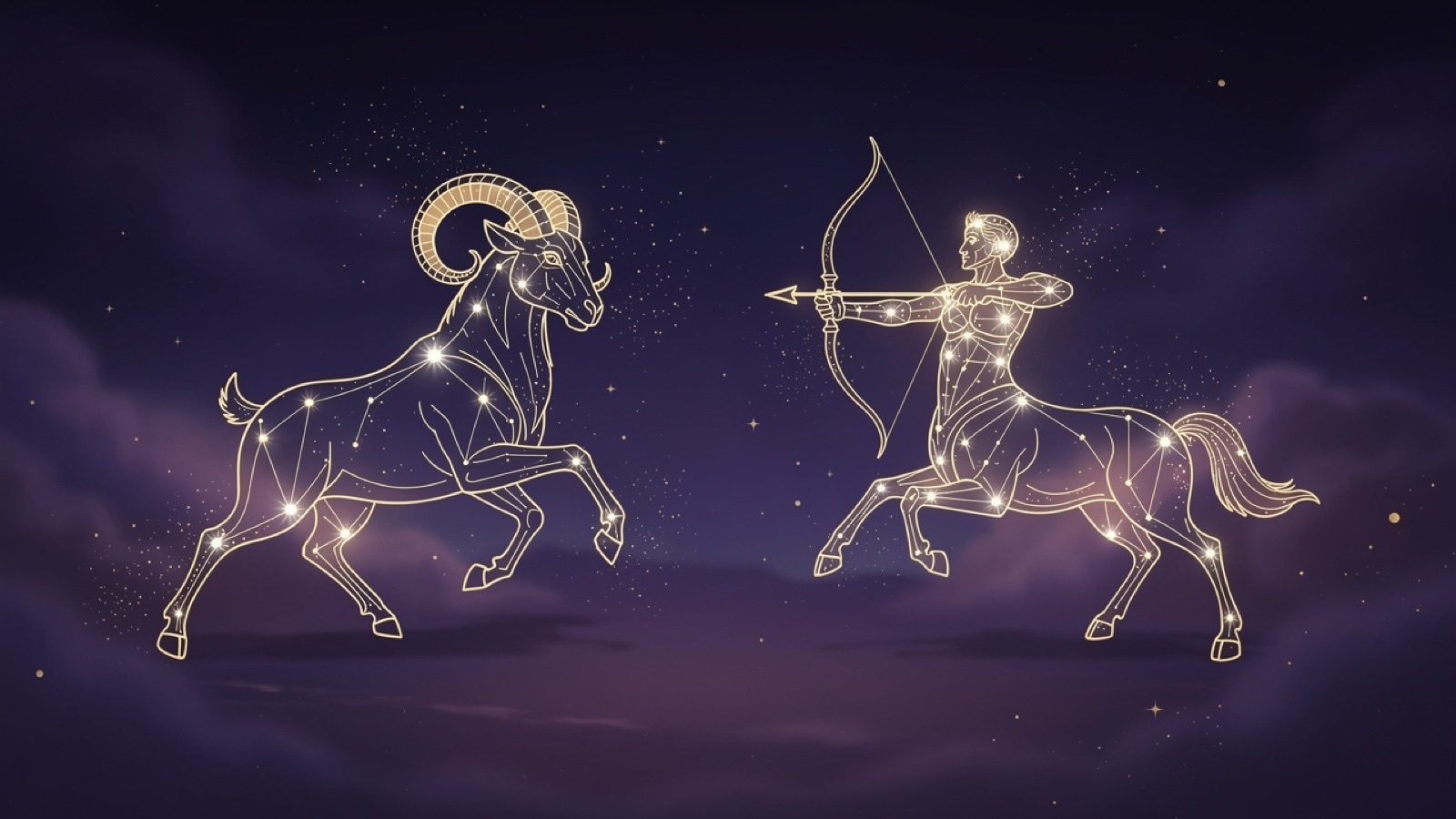 Bélier et Sagittaire — illustration du duo : constellation dorée des deux signes sur ciel violet