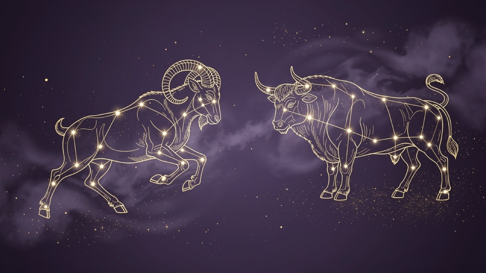 Bélier et Taureau — illustration du duo : constellation dorée des deux signes sur ciel violet