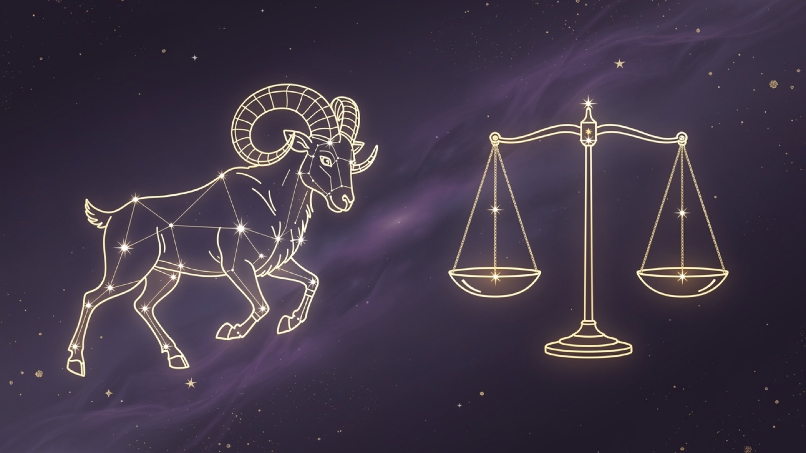 Bélier et Balance — illustration du duo : constellation dorée des deux signes sur ciel violet