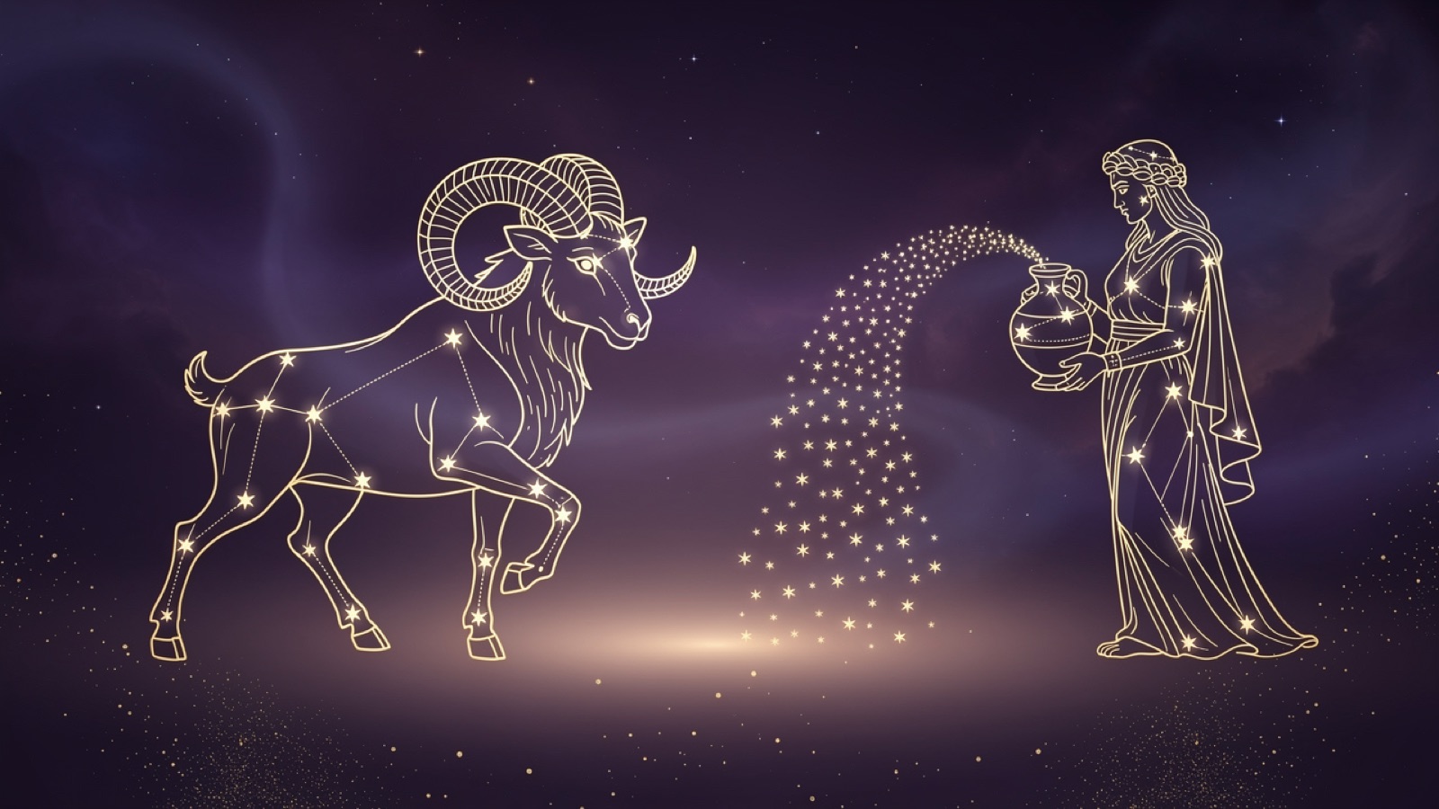 Bélier et Verseau — illustration du duo : constellation dorée des deux signes sur ciel violet