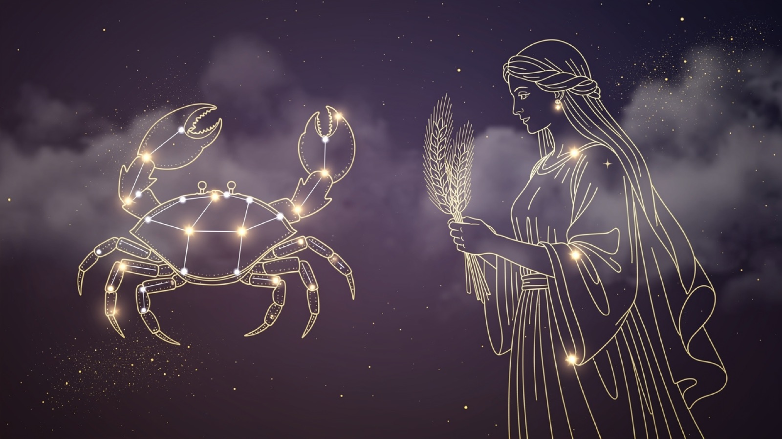 Cancer et Vierge — illustration du duo : constellation dorée des deux signes sur ciel violet