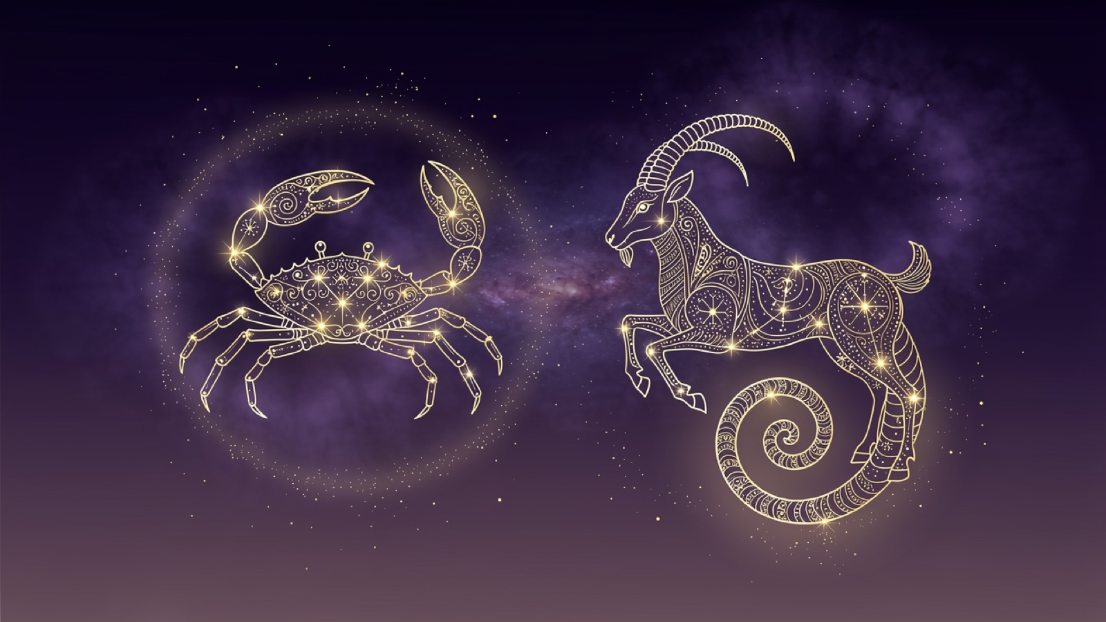 Cancer and Capricorn — golden constellations of both signs over a violet sky