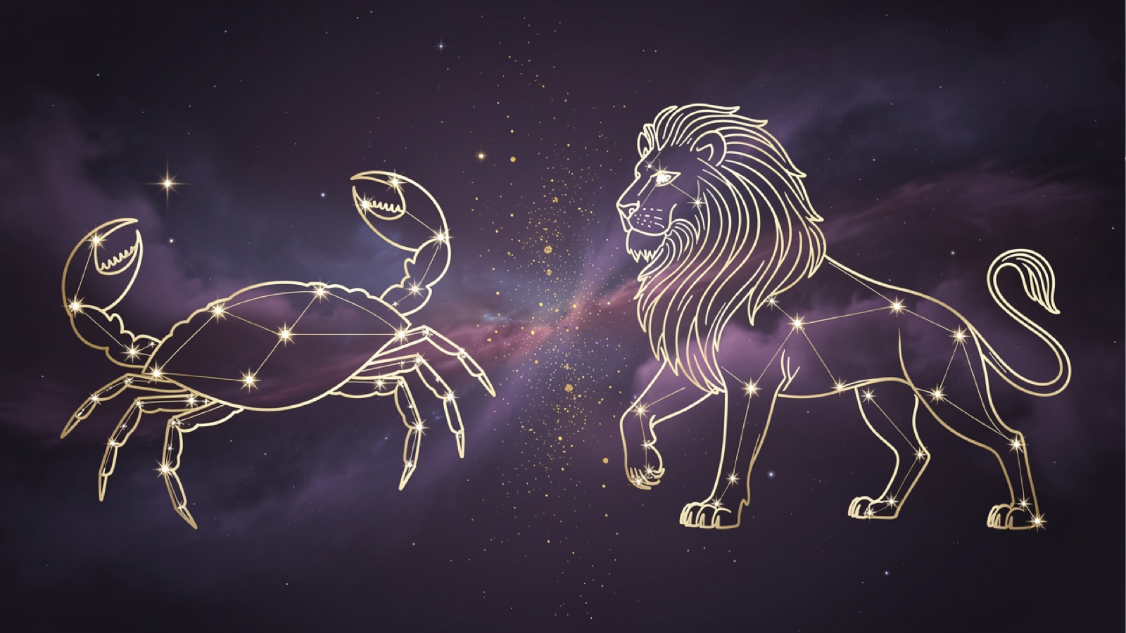 Cancer and Leo — golden constellations of both signs over a violet sky