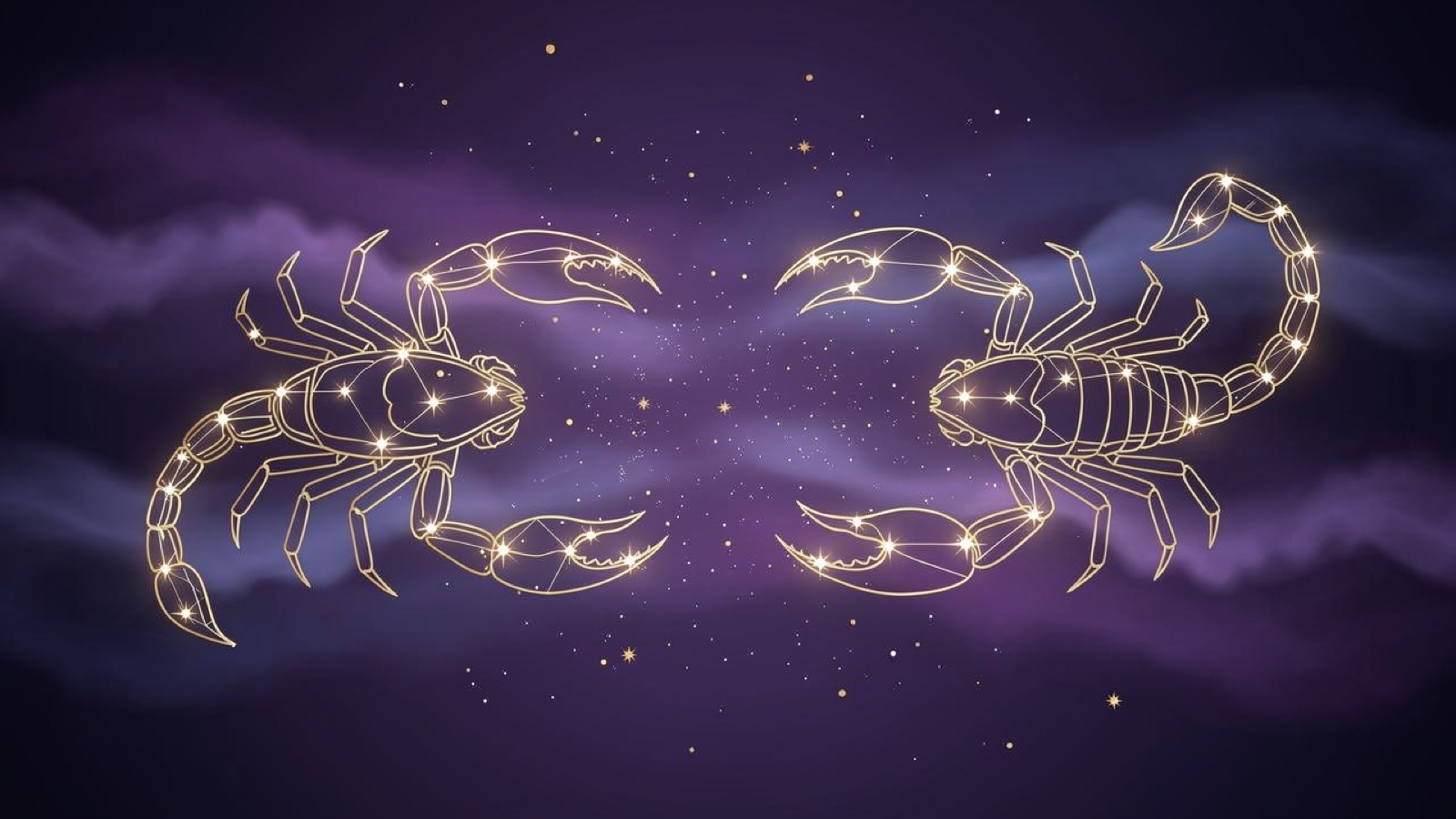 Cancer et Scorpion — illustration du duo : constellation dorée des deux signes sur ciel violet