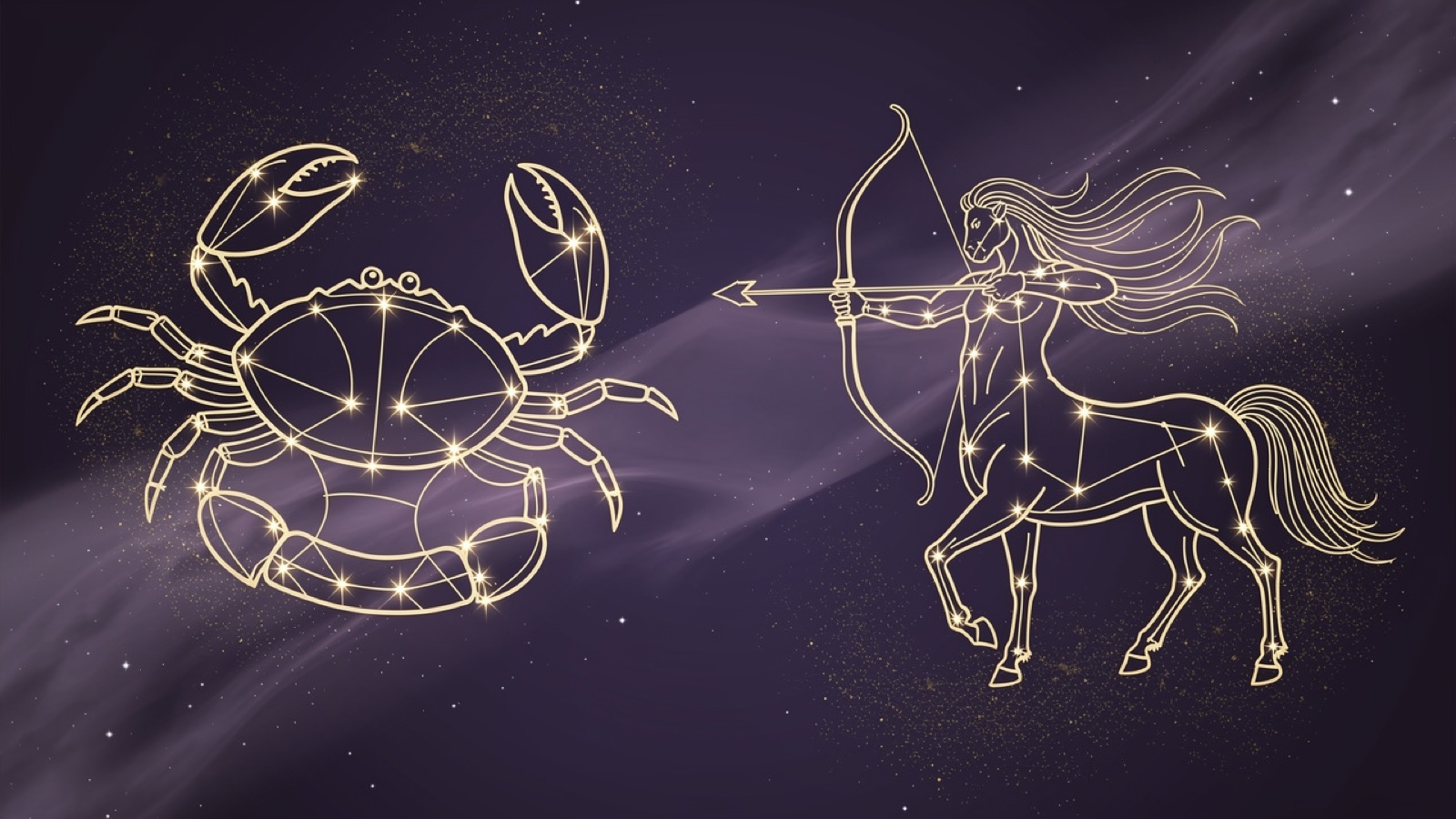Cancer et Sagittaire — illustration du duo : constellation dorée des deux signes sur ciel violet