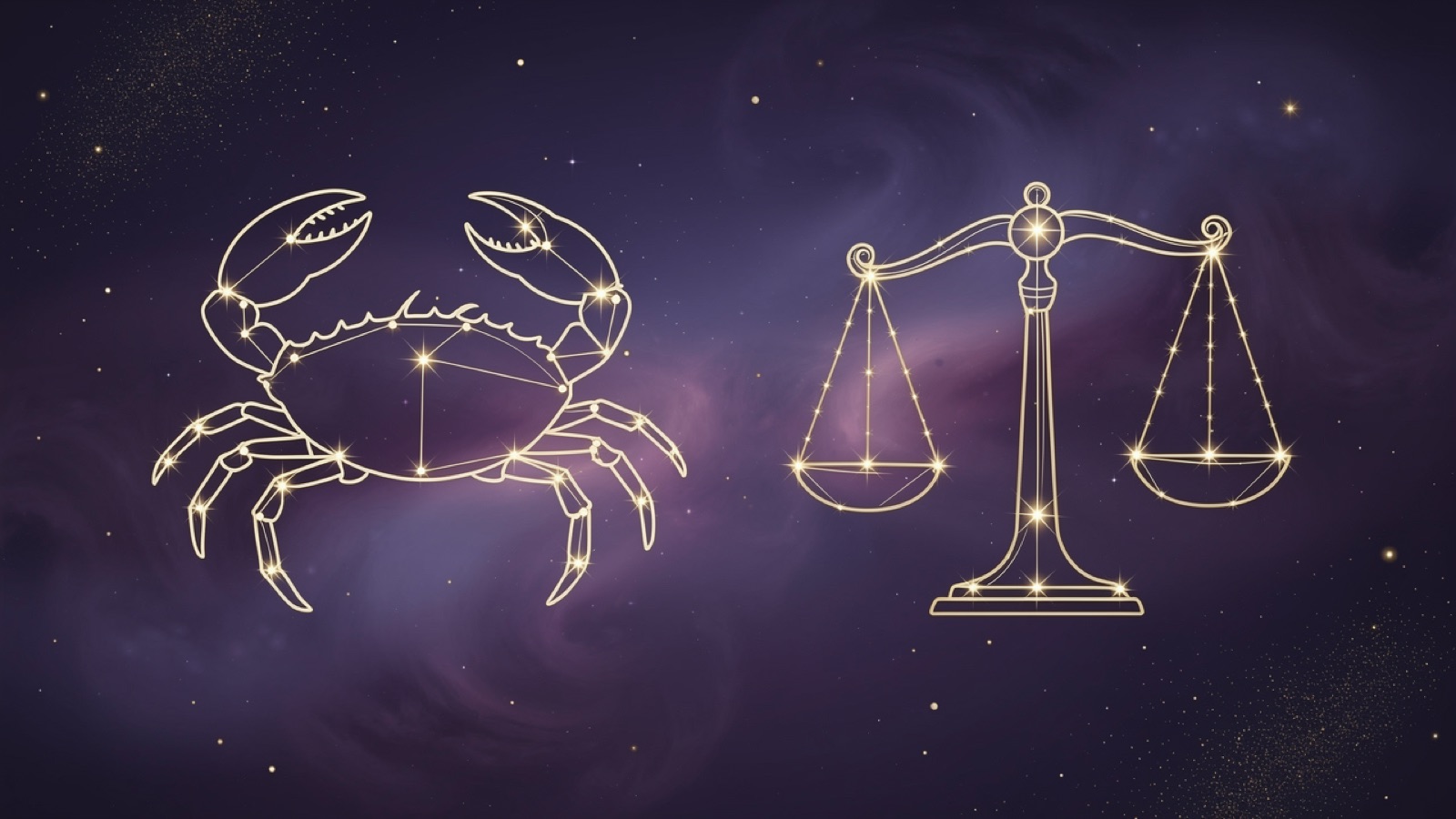 Cancer et Balance — illustration du duo : constellation dorée des deux signes sur ciel violet