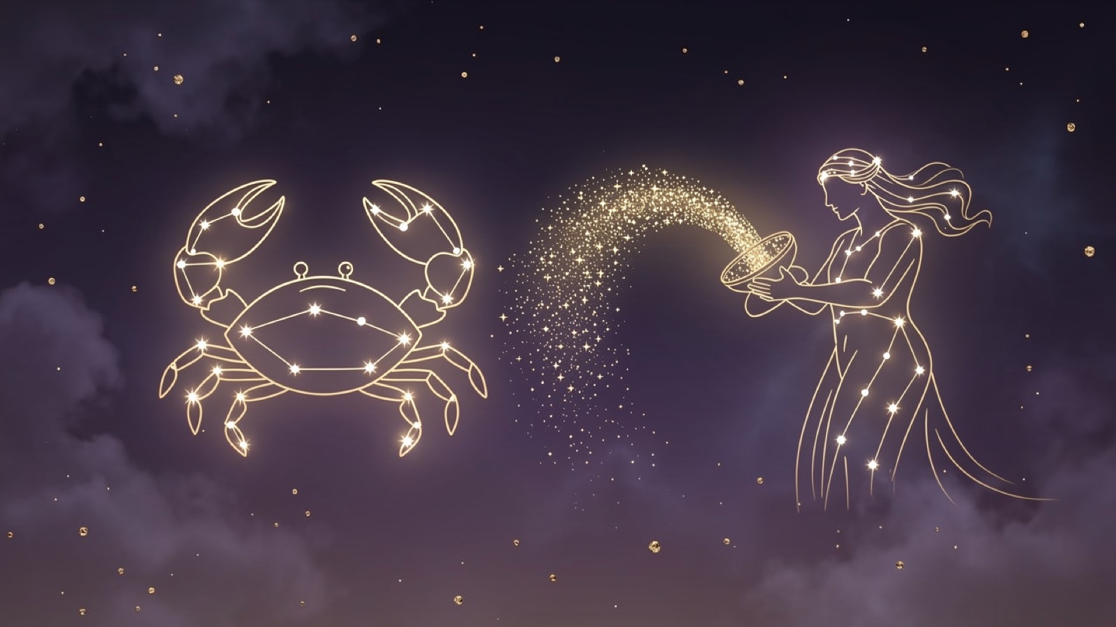 Cancer and Aquarius — golden constellations of both signs over a violet sky