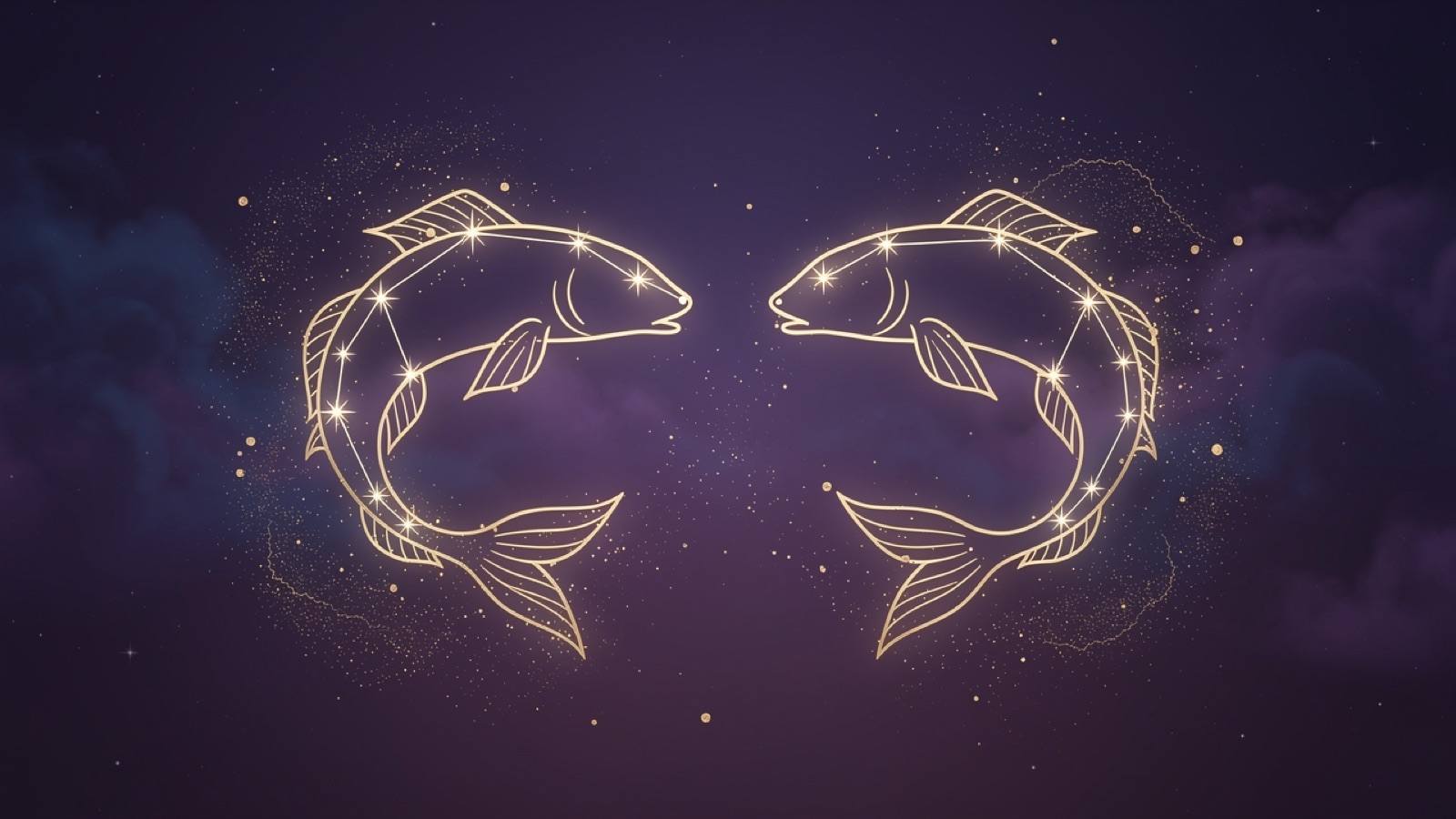 Poissons et Poissons — illustration du duo : constellation dorée des deux signes sur ciel violet