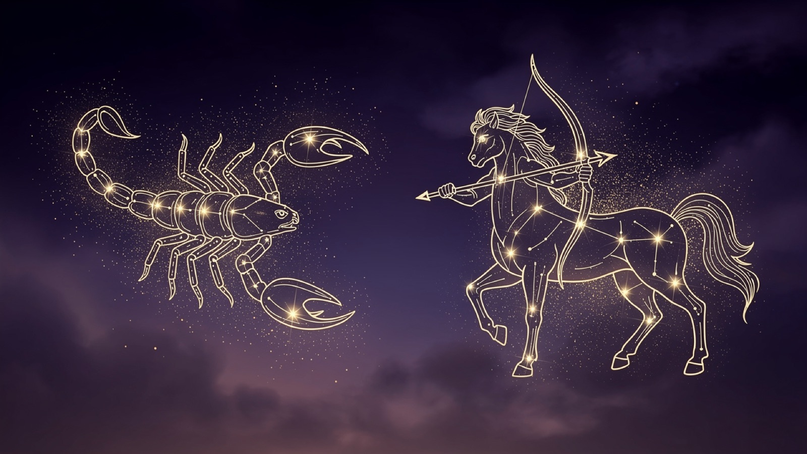 Scorpio and Sagittarius — golden constellations of both signs over a violet sky