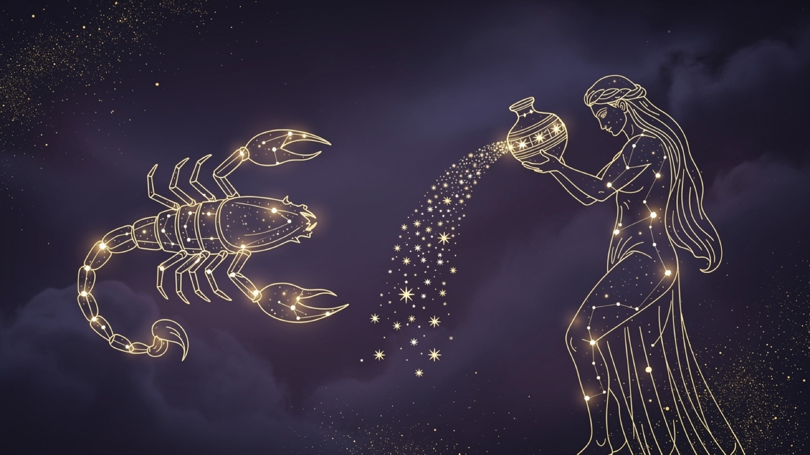 Scorpion et Verseau — illustration du duo : constellation dorée des deux signes sur ciel violet