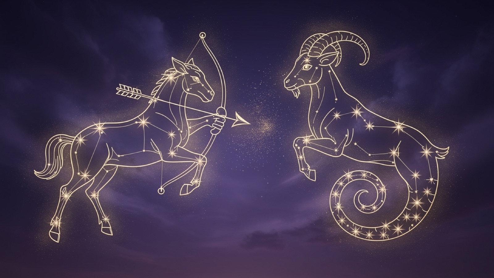 Sagittaire et Capricorne — illustration du duo : constellation dorée des deux signes sur ciel violet