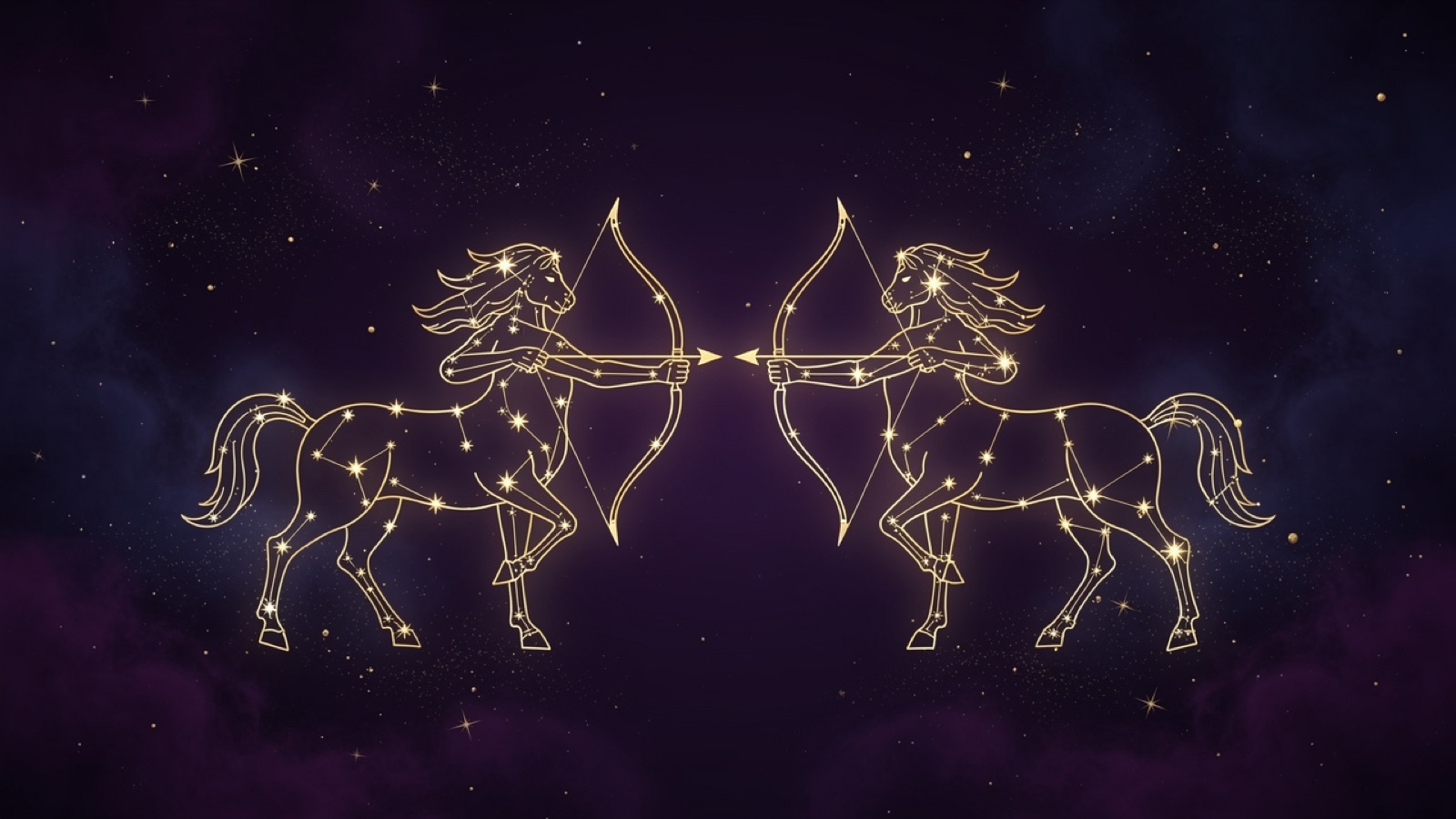 Sagittarius and Sagittarius — golden constellations of both signs over a violet sky