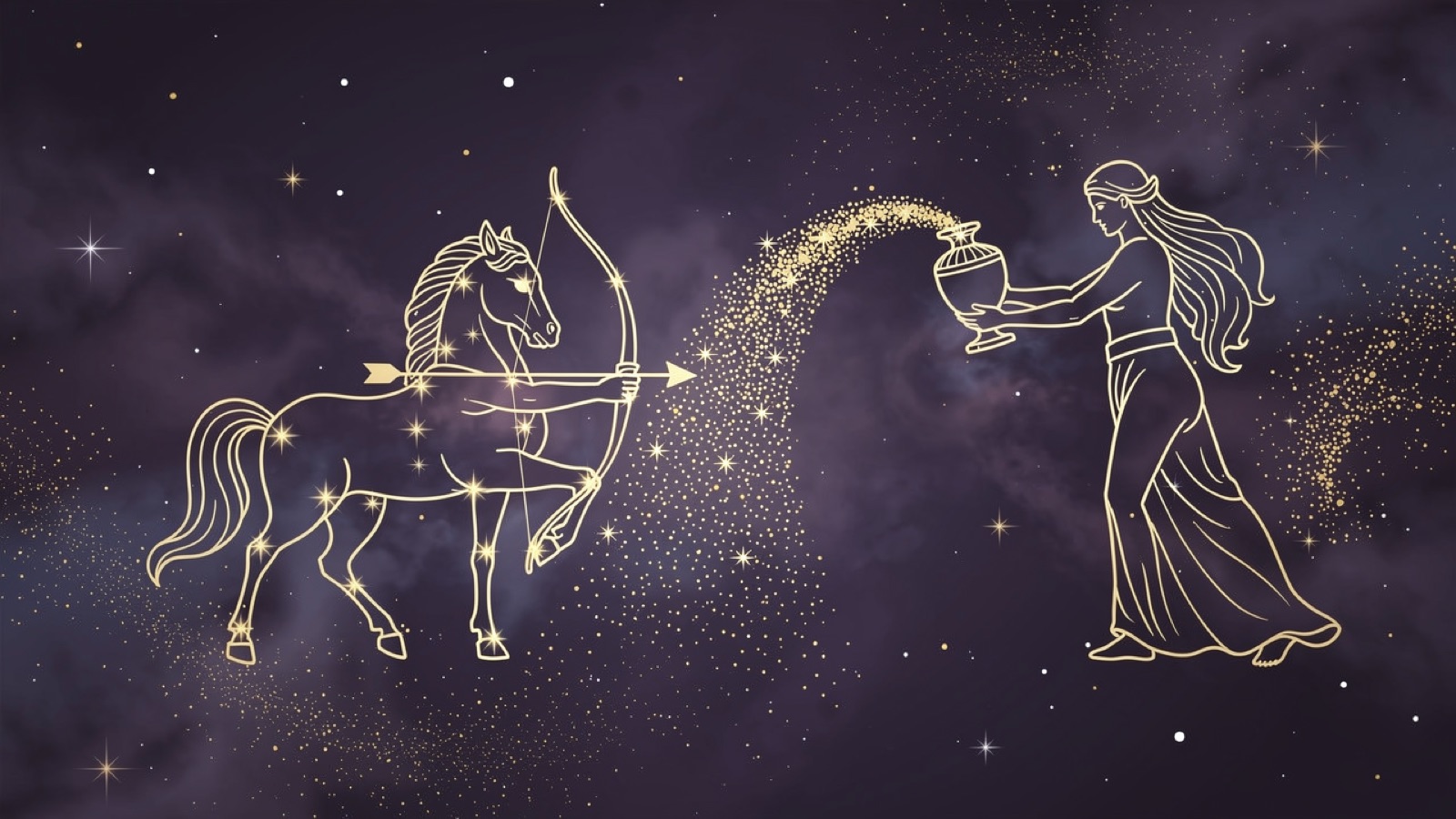 Sagittaire et Verseau — illustration du duo : constellation dorée des deux signes sur ciel violet