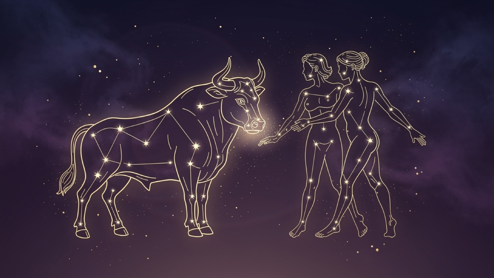 Taureau et Gémeaux — illustration du duo : constellation dorée des deux signes sur ciel violet