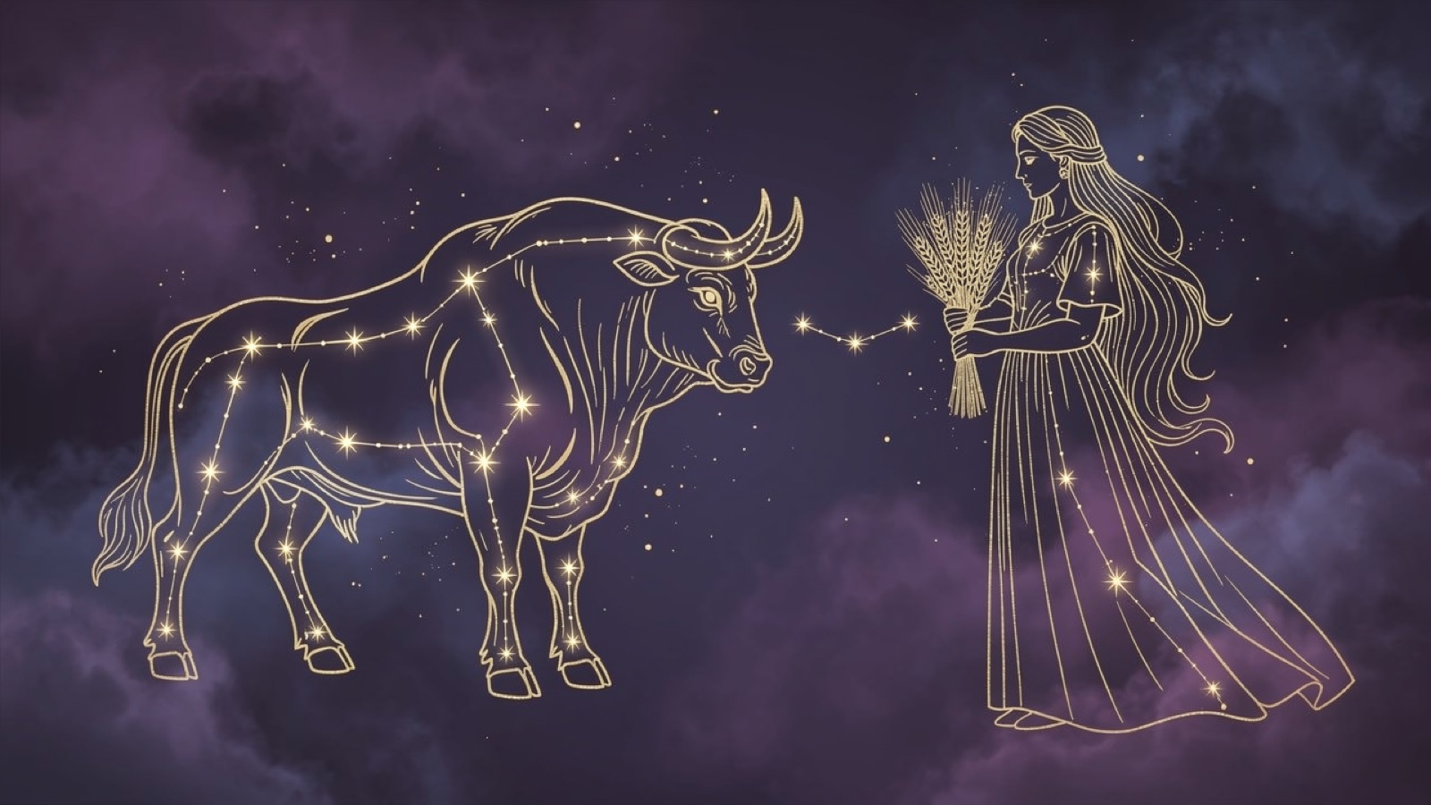 Taureau et Vierge — illustration du duo : constellation dorée des deux signes sur ciel violet