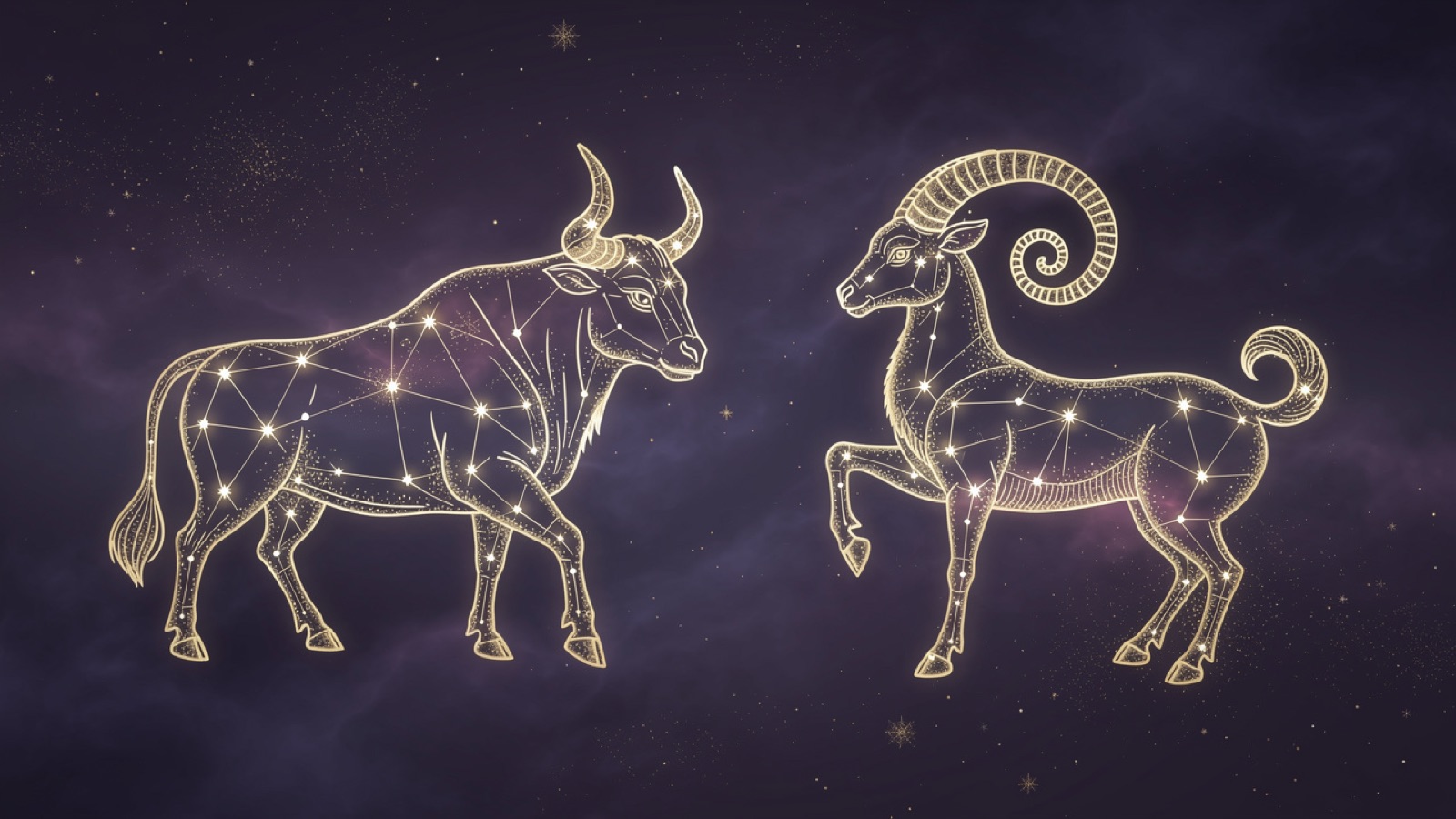 Taureau et Capricorne — illustration du duo : constellation dorée des deux signes sur ciel violet