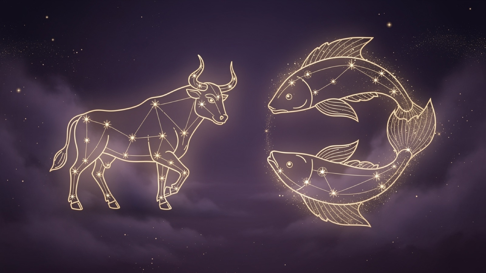 Taureau et Poissons — illustration du duo : constellation dorée des deux signes sur ciel violet