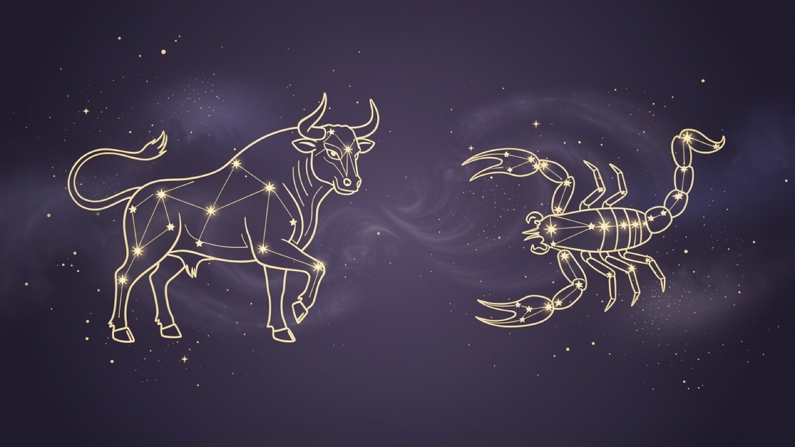 Taurus and Scorpio — golden constellations of both signs over a violet sky