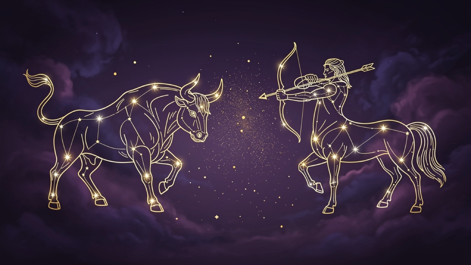 Taureau et Sagittaire — illustration du duo : constellation dorée des deux signes sur ciel violet