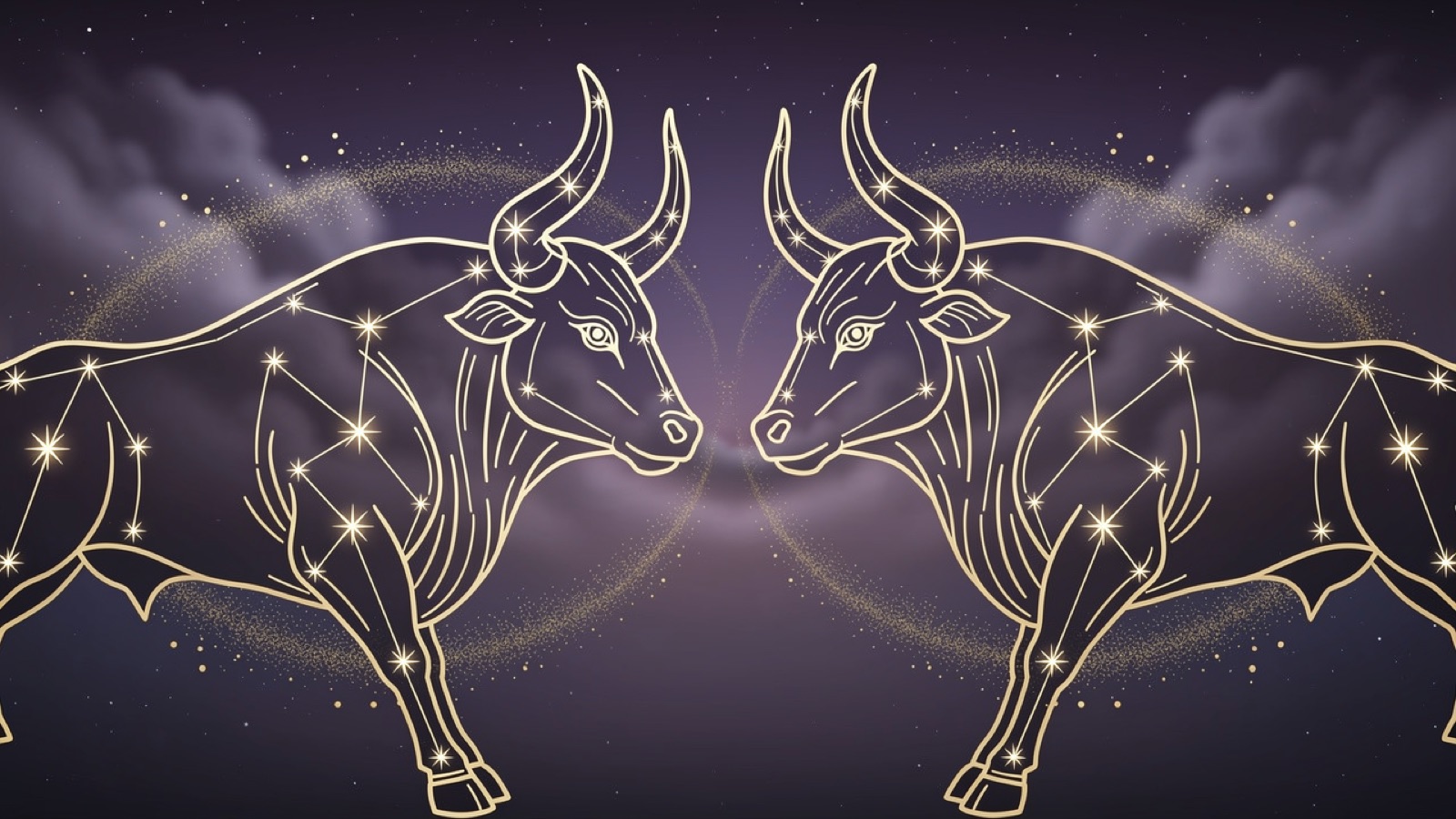 Taureau et Taureau — illustration du duo : constellation dorée des deux signes sur ciel violet
